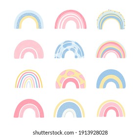 Set various rainbows in hand drawn style isolated on white background for kids. Cute illustration in for posters, prints, cards, textiles, apparel. Vector