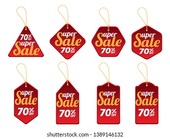Set of various realistic 3D discount red tag for sale promotion.Vector illustration.