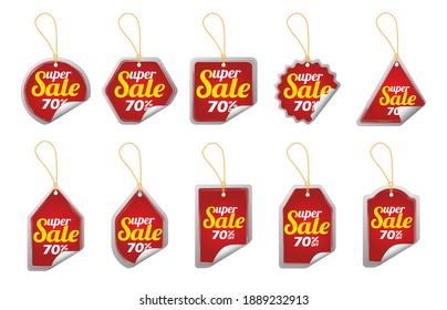 Conjunto de varios realistas de etiqueta roja de descuento 3D para promoción de venta. Ilustración vectorial.