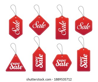 Set Of Various Realistic 3D Discount Red Tag For Sale Promotion. Vector Illustration.