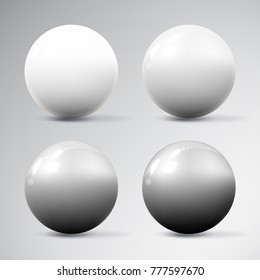 Set of various realistic dimensional white spheres with reflections and shadows isolated on white background. Vector illustration for your graphic design.