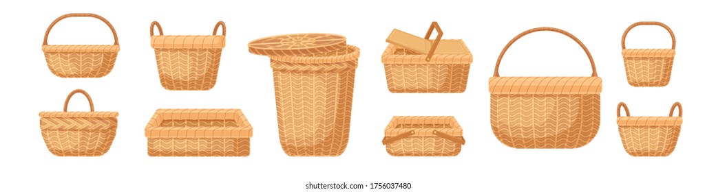 Set of various realistic empty wicker baskets vector illustration. Collection of straw handmade container or pannier isolated on white background. Decorative accessories for storage or carrying