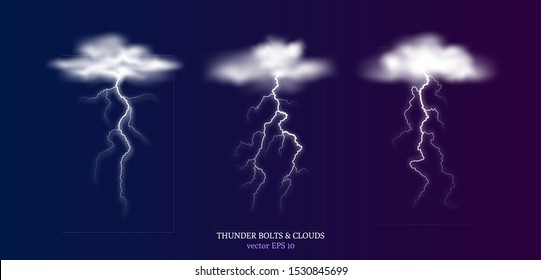 Set of various realistic thunder bolts with fluffy clouds. Electrical thunder crack on night background. Vector illustration for your graphic design.