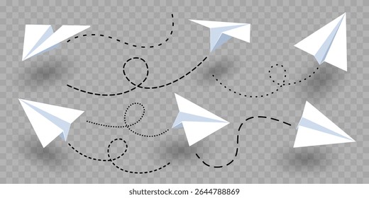 Set of various realistic white paper planes. Collection of flying folded origami airplanes in different angles with dotted route lines. Isolated elements for banner, poster etc.