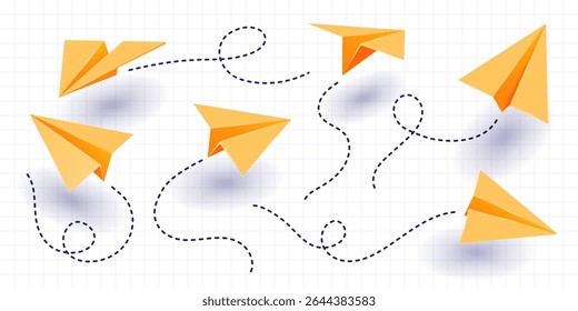 Set of various realistic yellow paper planes. Collection of flying folded origami airplanes in different angles with dotted route lines. Isolated elements for banner, poster etc.