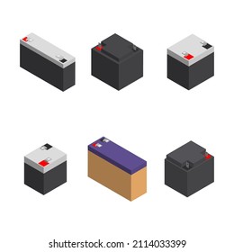 Set of various rechargeable batteries for an uninterruptible power supply. Flat 3D isometric style, vector illustration.