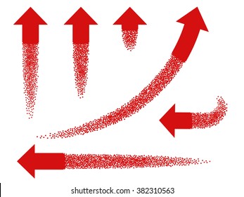 Set of various red arrow symbol. Arrows are like rocket flying up leaving a trail of small particles. Vector isolated on white background.