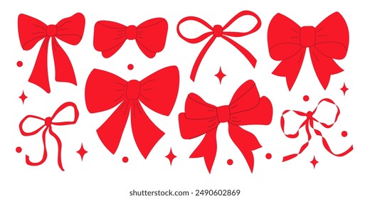 Set aus verschiedenen roten Schleifen Knoten, Geschenkbänder. Trendiges Haarflechtzubehör. Weihnachtsmusiken Box Dekor. Handgezeichnete Vektorillustration.