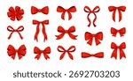 Set of various red bows, gift ribbons. Hand drawn trendy flat style. Hair accessories. Bow knots for gift wrapping. Gift bows.Ideal for cards, packaging, and festive decorations. Vector illustration