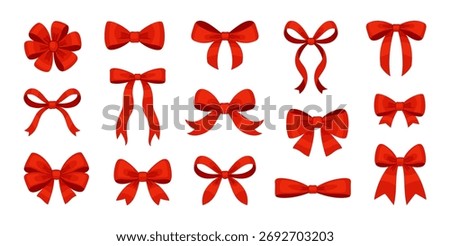 Set of various red bows, gift ribbons. Hand drawn trendy flat style. Hair accessories. Bow knots for gift wrapping. Gift bows.Ideal for cards, packaging, and festive decorations. Vector illustration