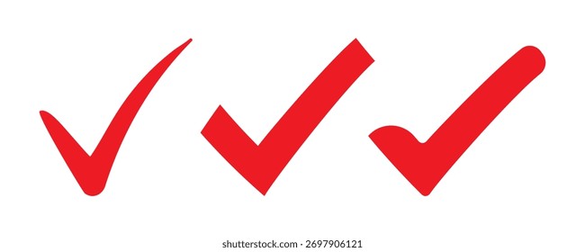 Conjunto de várias marcas de seleção vermelhas em um plano de fundo isolado. Coleção de marcas de verificação. Vetor.