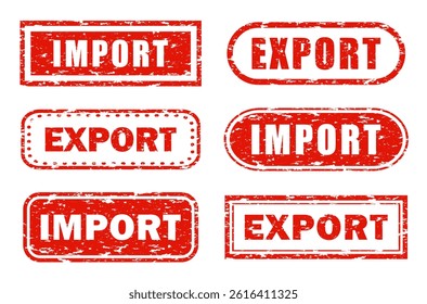 Set of various red distressed rubber stamps with stamped "IMPORT" and "EXPORT" textured text isolated on white background. Global commerce, cross-border trade, tariff regulation, cargo shipments