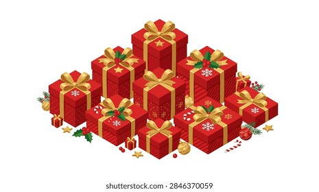 A set of various red gift boxes in an isometric view, featuring gold ribbons and satin bows. The boxes are decorated with gold stars, white snowflakes, and various patterns. Surrounded by festive elements including green holly leaves with red berries, candy canes, golden stars, and decorative ornaments.