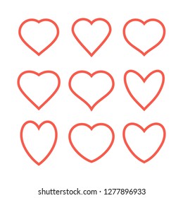 Set of various red heart icons, linear design. isolated on white background