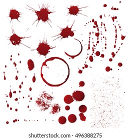Set of various red ink or paint spots, drips and splashes that look like blood texture isolated on white background. Halloween design concept. All elements are grouped. Vector illustration