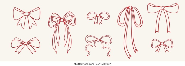 Set of various red line bows, gift ribbons. Bowknots hand drawn, flat style. Fashionable vector illustration. Hair accessories. Bow knots for gift wrapping. Gift bows, Celebration, party	
