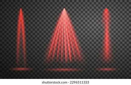 Set of various red projector light effect. Vector illustration. Spotlight beams isolated on transparent backdrop