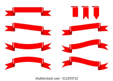 Set of various red ribbon for gift, reward, decoration on white background
