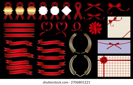 A set of various red ribbons that are easy to use for wrapping, titles, etc. Labels and laurel wreaths are also available.