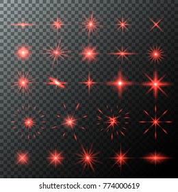 Set of various red starry elements with different light effects. Vector illustration for your graphic design.