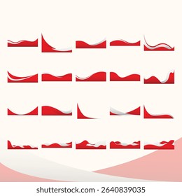 Set of various red and white wavy graphic elements, ideal for use as backgrounds, templates, or design elements.  The elements have different wave shapes and thicknesses, creating a dynamic collection