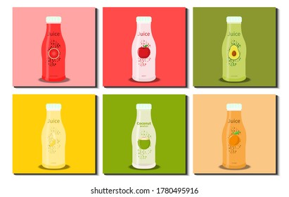 Set of various regular juice bottle. Apple, Avocado, Banana, Coconut, Orange, Watermelon. Juice Bottle Collection. Flat design. Vector Illustration.
