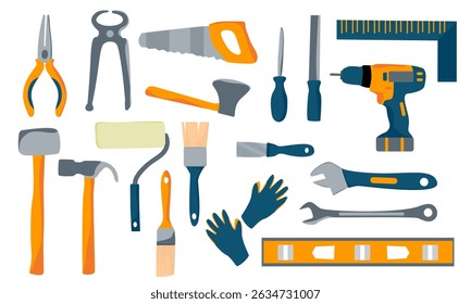 A set of various repair tools.Construction tools, screwdriver, saw, hammer and more. Vector flat illustration