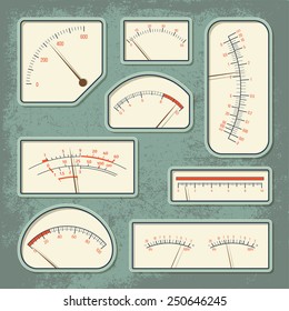 Set of various retro design vector panels and dashboards of measuring devices isolated on green aged scratched background