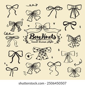 Set of various retro hand drawn style line out bow knots. Cute gift ribbons. Cartoon style collection of bowtie. Ribbon element, star and heart shape Vector ribbons. Minimalist tattoo sketch.