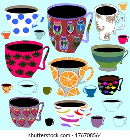 Conjunto de várias xícaras de chá de porcelana retro, ilustrações vetoriais. 