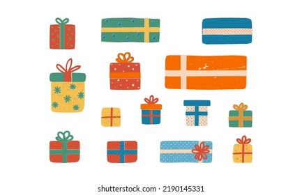 Un conjunto de varias cajas de regalo a mano de estilo retro con arcos y cintas, lindos paquetes para regalos navideños y sorpresas de cumpleaños. Ilustración vectorial sobre fondo aislado para su diseño.