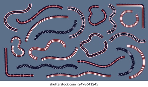 Set of various ribbon-like abstract shapes in blue, white, and red colors of American flag) with  text VOTE repeatedly printed along them. Tapes as design element for 2024 U.S. Presidential Election