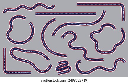 Conjunto de varias Formas abstractas en forma de cinta en colores azul, blanco y rojo de la bandera estadounidense) con texto VOTE repetidamente impreso a lo largo de ellos. Cintas como elemento de diseño para las elecciones presidenciales de Estados Unidos de 2024