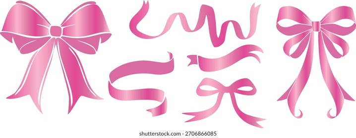set of various ribbons and bows of different shapes with a delicate pink gradient, for holiday designs, social media or web design