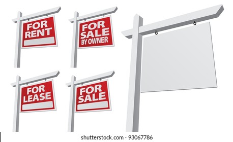 Set of Various Right Facing Vector Real Estate Signs - Blank, For Sale By Owner, For Sale, For Rent and For Lease.