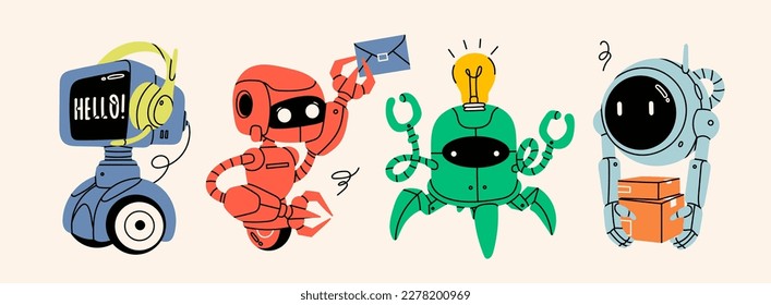 Set of various Robots. Cute artificial robotic characters. Hand drawn Vector illustration. Futuristic retro androids. Cartoon style. Isolated design elements. Delivery, customer service postal concept