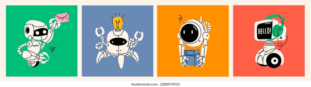 Set of various Robots. Cute artificial robotic characters. Hand drawn Vector illustration. Futuristic retro androids. Cartoon style. Isolated design elements. Delivery, customer service postal concept