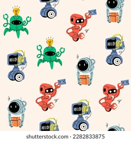 Set of various Robots. Cute artificial robotic characters. Hand drawn Vector illustration. Futuristic retro androids. Cartoon style. Square seamless Pattern. Background, wallpaper