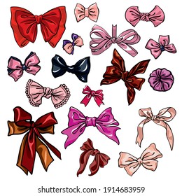 Set Of Various Romantic Ribbon Bow Knots In Rich Intensive Colors. Collection Of Hand Drawn Vector Stock Illustration Elements For Custom Design, Decor Adn Print.