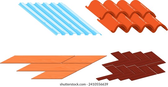 Set of various roofing materials metal, ceramic, wooden. Different textures and colors for construction vector illustration. Construction materials, roofing textures, building, architecture vector