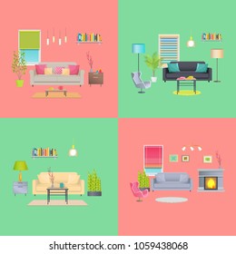 Set of various room interiors banners, flat design, vector illustration cozy couches and cute flowers, comfortable furniture stylish interior elements