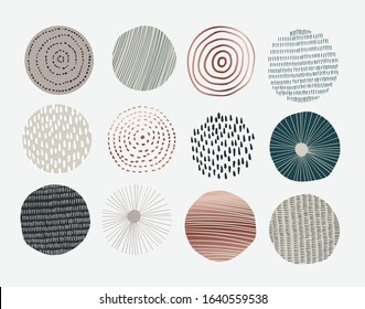 Set of various round patterned doodle. Neutral abstract contemporary design in minimalist style. Hand drawn templates. Round icons for social media stories. Perfect for bloggers
