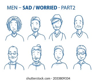 Set Of Various Sad Or Worried Men In Business And Casual Clothes, Mixed Age And Ethnic Groups Expressing Concerned Emotions. Hand Drawn Line Art Cartoon Vector Illustration.