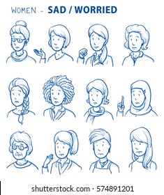 Set of various sad or worried women in business and casual clothes, mixed age and ethnic groups expressing concerned emotions. Hand drawn line art cartoon vector illustration.