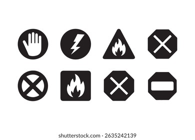 set of various safety signs in black and white, including a hand stop sign, a lightning bolt sign, a fire sign, and a prohibited sign.