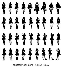 Set of various Santa Claus girl silhouettes in Christmas costume posing using phone and carrying gifts. Editable simplistic vector illustration. 