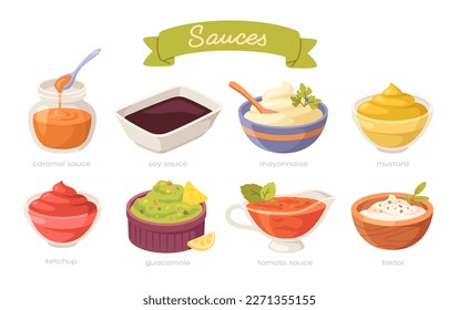 Set of Various sauces in bowls. Small jars with mustard, mayonnaise, ketchup, guacamole, tartare, soy, tomato and caramel sauce for snacks. Design for cafe menu. Cartoon flat vector collection