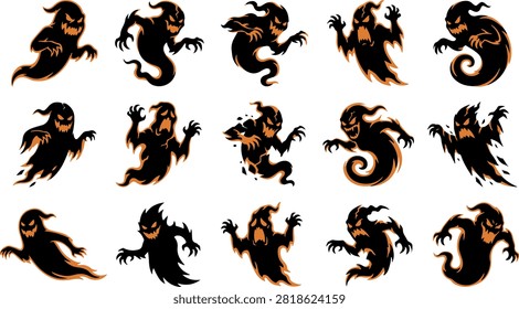 Set of various scary ghost characters in different poses for halloween design and spooky graphic projects.