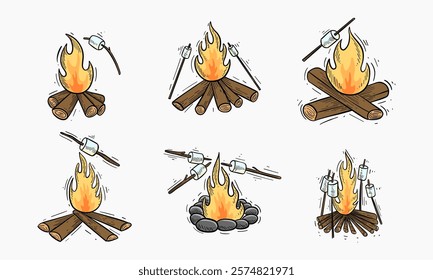 Set of various scenes of campfires with marshmallows being roasted on sticks, showcasing different stages of toasting.