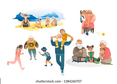 Set of various scenes of grandparents and grandchildren joint leisure flat cartoon vector illustration isolated on white background. Generations of family together.